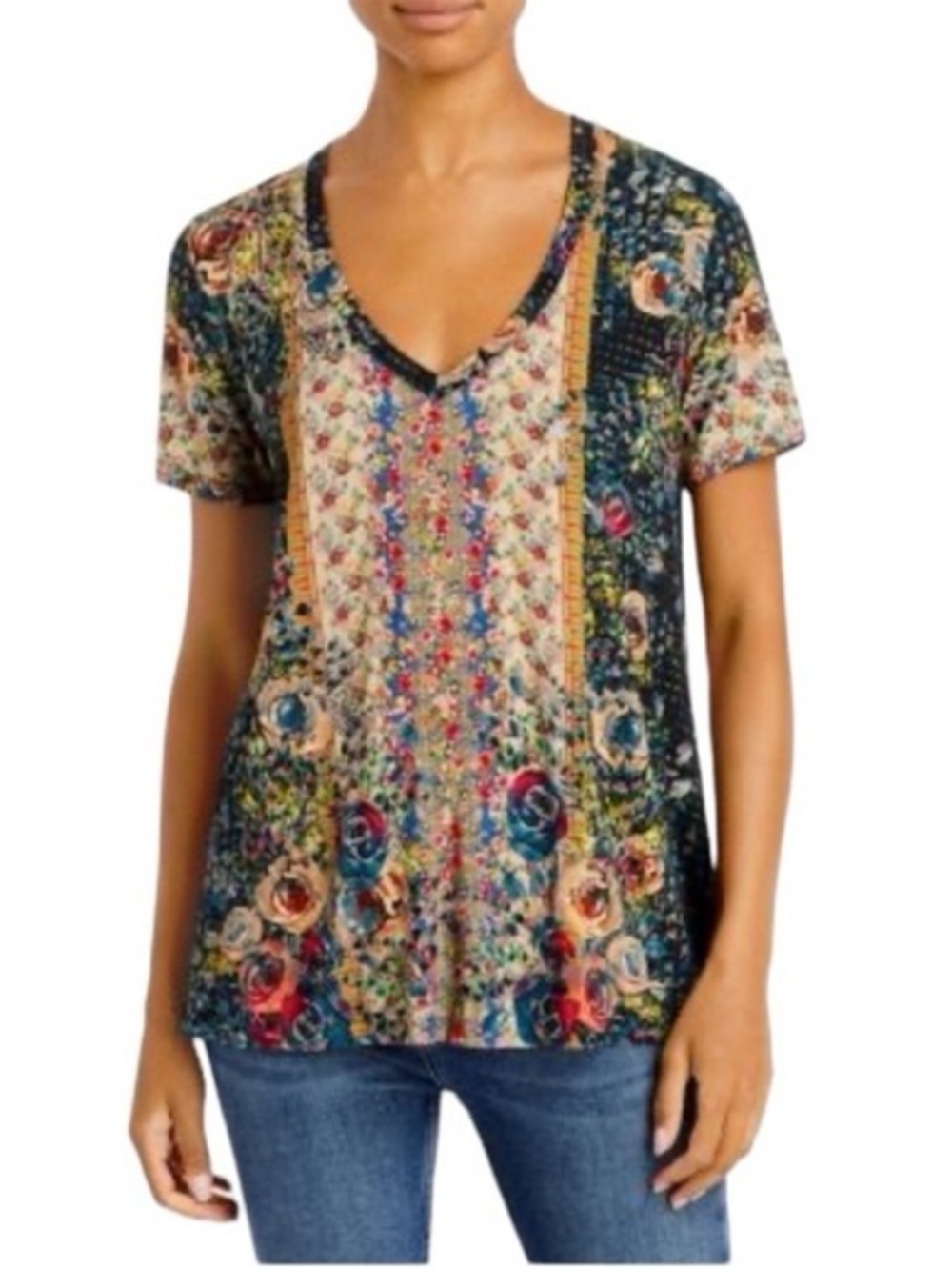 Johnny Was Bamboo Floral Print Short Sleeve VNeck Classic Tee Shirt Women's S